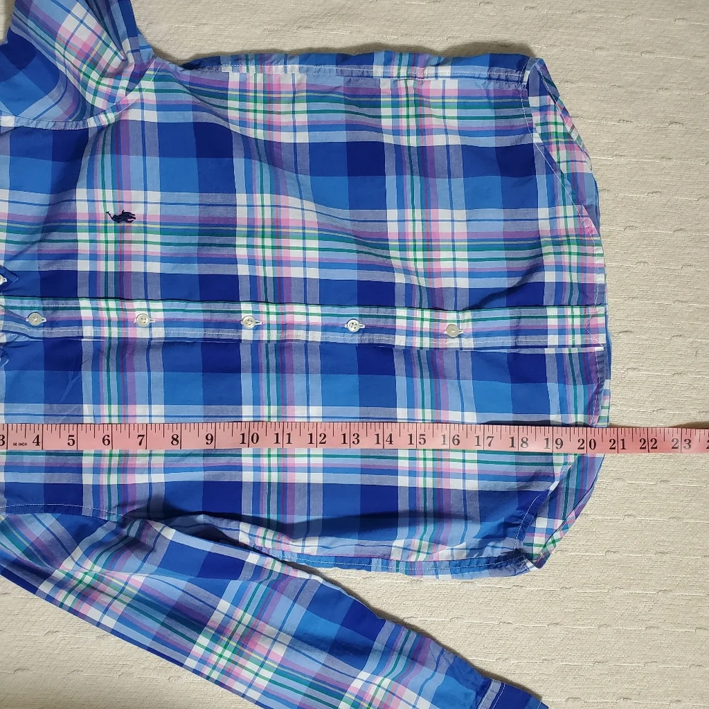 Ralph Lauren Boy blue plaid button down shirt Oxford Natural stretch Size 7‎